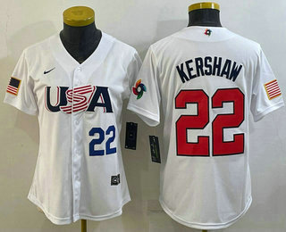 Women%27s USA Baseball #22 Clayton Kershaw Number 2023 White World Classic Stitched Jersey